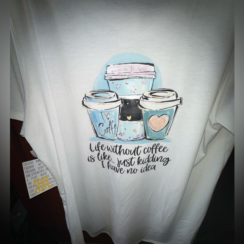 Lularoe Custom 3x white Christy V neck T, heart on front coffee graphic back - Picture 5 of 6